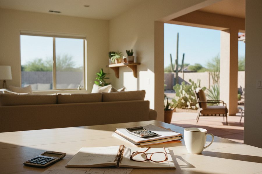 A sunlit table holds an open notebook, reading glasses, and a calculator with a view through the room to a desert patio.
