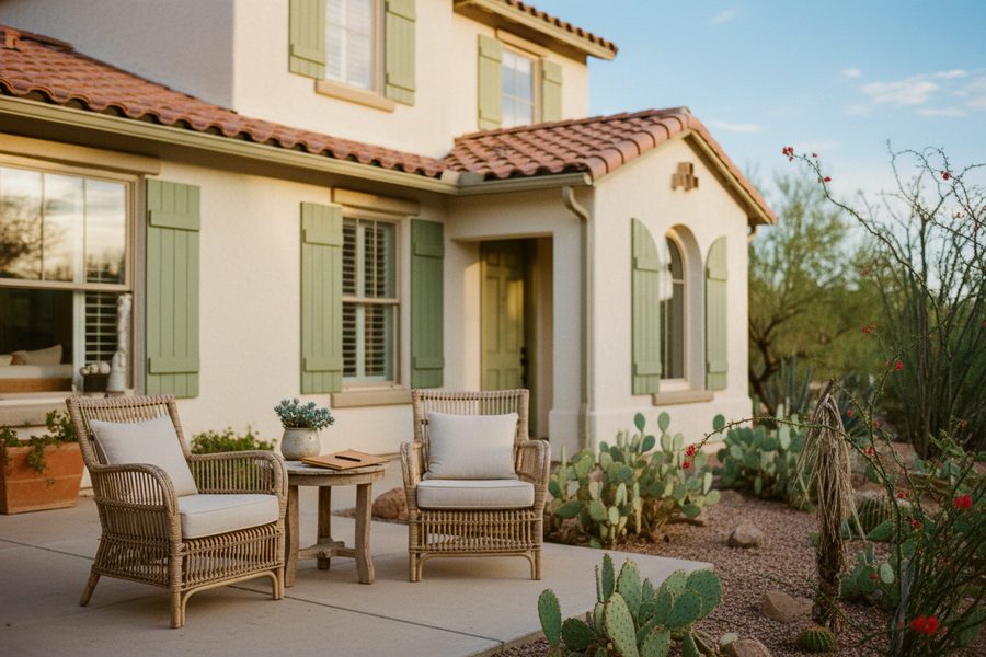 A quiet patio with two wicker chairs and a small table in front of a stucco home with sage shutters and desert landscaping.