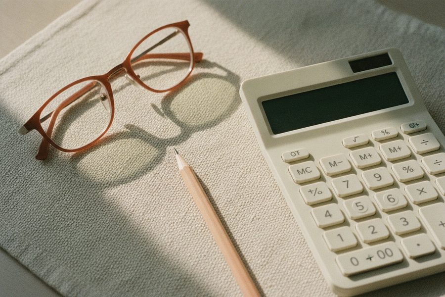 Reading glasses, a pencil and a calculator on a linen placemat in morning light.