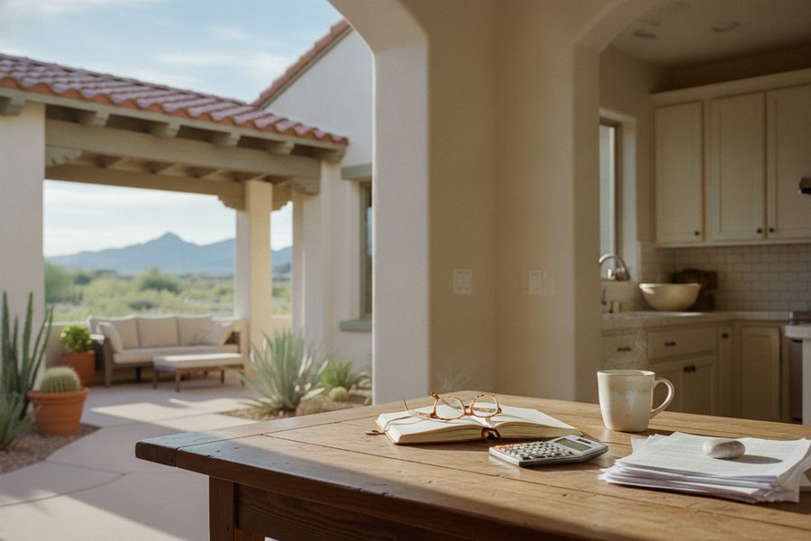 A wooden table in a sunlit Scottsdale home featuring an open notebook, reading glasses, a steaming mug, and a calculator, with a view of a desert patio in the background.