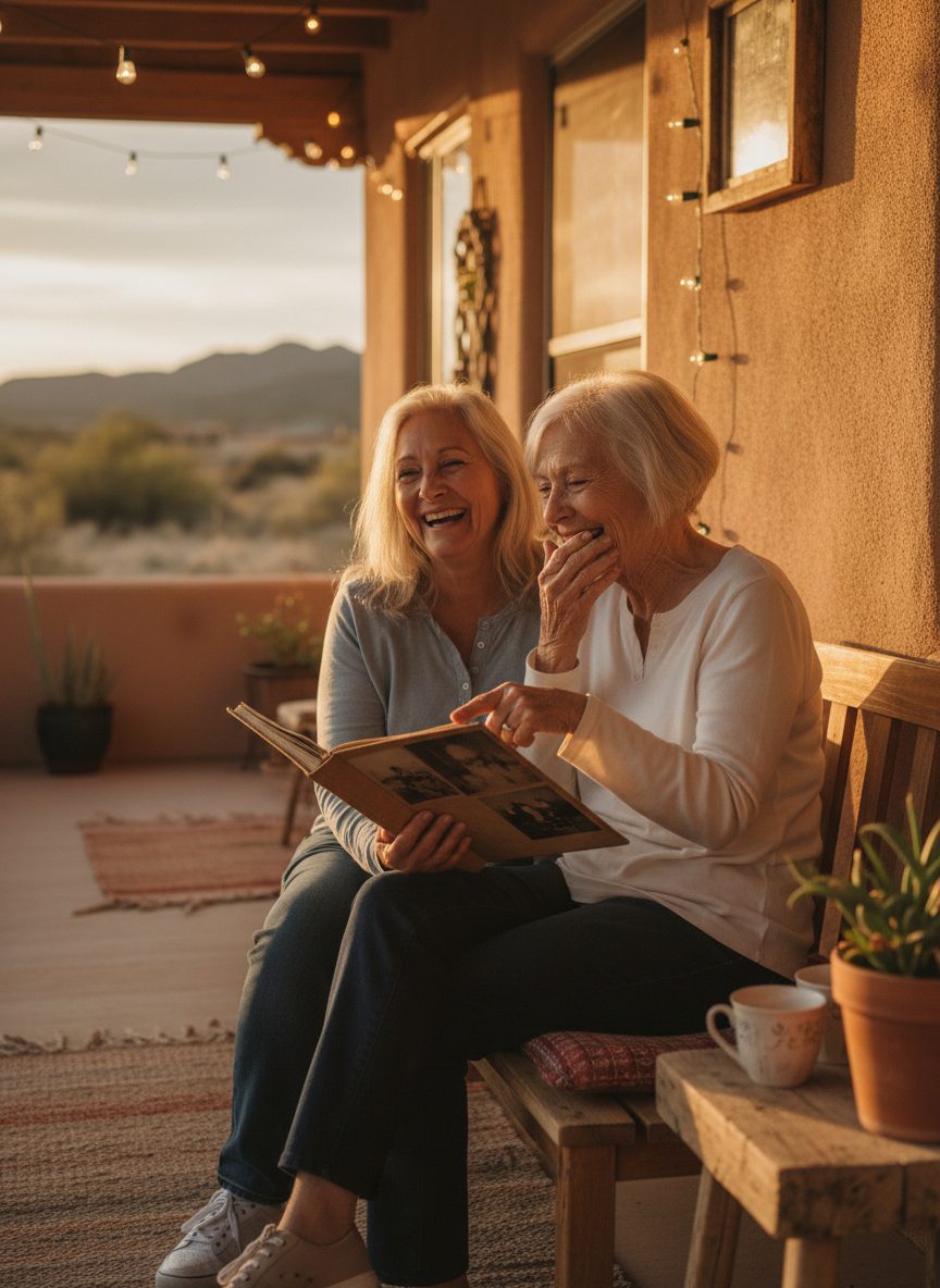 Two senior women laughing together over a photo album on a sunny porch