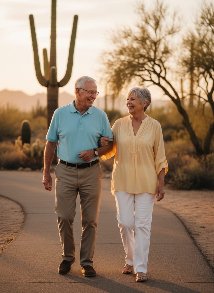 A senior man and his Caregiver walking arm in arm on a desert path at golden hour