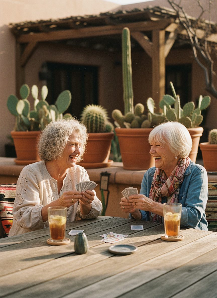 Two senior women laughing over a card game on a sunny southwestern patio